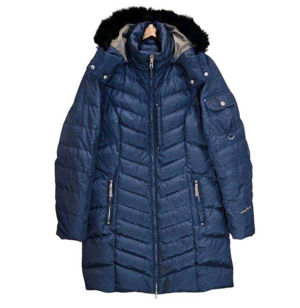 Eddie Bauer Sun Valley Down Parka Jacket Womens L Blue Long Puffer Coat Faux Fur